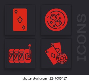 Set Casino chip and playing cards, Playing card with diamonds symbol, Glass of whiskey and ice cubes and Slot machine with lucky sevens jackpot icon. Vector