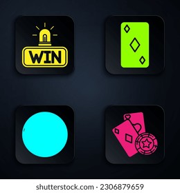 Set Casino chip and playing cards, Casino win, Casino roulette wheel and Playing card with diamonds symbol. Black square button. Vector