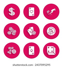 Set Casino chip and playing cards, Playing with clubs symbol, Game dice, Glass of whiskey cubes, chips, game glass, Human hand throwing and Dollar icon. Vector