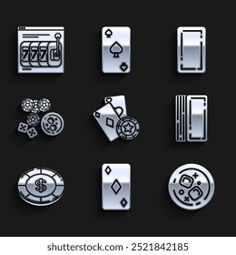 Set Casino chip and playing cards, Playing with diamonds symbol, Glass of whiskey ice cubes, Deck, dollar, chips, game dice glass, back and Online slot machine lucky sevens jackpot icon. Vector