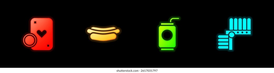 Set Casino chip and playing cards, Hotdog sandwich, Soda can with straw and Indian headdress feathers icon. Vector