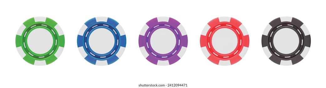 Set of casino chips 3D rendering, front view. Casino, gambling game, betting symbol. Online gambling token for slot, poker, roulette, blackjack three dimensional vector illustration