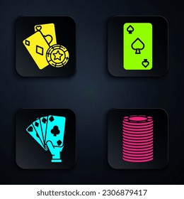 Set Casino chips, Casino chip and playing cards, Hand holding playing cards and Playing card with spades symbol. Black square button. Vector