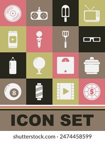 Set Casino chips, Cooking pot, Cinema glasses, Ice cream, Joystick for arcade machine, Online play video, Vinyl disk and Spatula icon. Vector