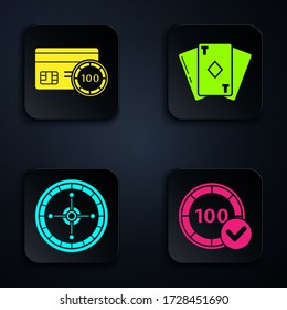 Set Casino chips, Credit card, Casino roulette wheel and Playing card with diamonds. Black square button. Vector