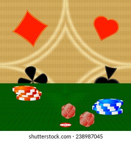 set of casino chips with casino cubes isolated on dark background vector