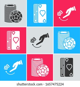 Set Casino chips, Deck of playing cards and Human hand throwing game dice icon. Vector