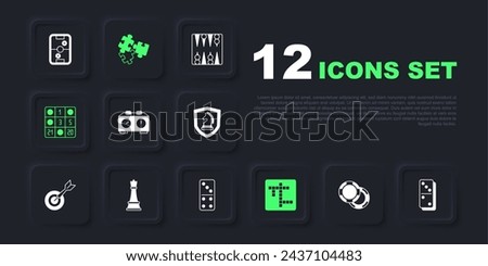 Set Casino chips, Domino, Time chess clock, Crossword, Bingo card, Chess, Puzzle pieces toy and  icon. Vector