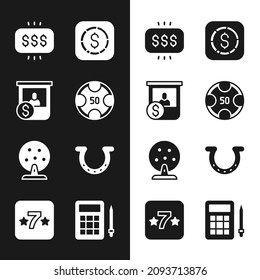 Set Casino chips, exchange, Money prize casino, Coin money with dollar, Lottery machine, Horseshoe, Bingo card and slot icon. Vector