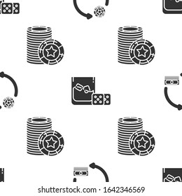 Set Casino chips exchange on stacks of dollars, Game dice and glass of whiskey with ice cubes and Casino chips on seamless pattern. Vector