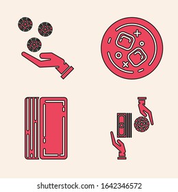 Set Casino chips exchange on stacks of dollars, Hand holding casino chips, Glass of whiskey and ice cubes and Deck of playing cards icon. Vector