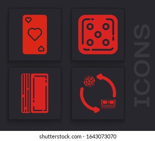 Set Casino chips exchange on stacks of dollars, Playing card with heart symbol, Game dice and Deck of playing cards icon. Vector