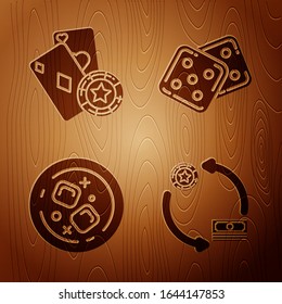 Set Casino chips exchange on stacks of dollars, Casino chip and playing cards, Glass of whiskey and ice cubes and Game dice on wooden background. Vector