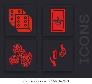Set Casino chips exchange on stacks of dollars, Game dice, Joker playing card and Casino chips icon. Vector