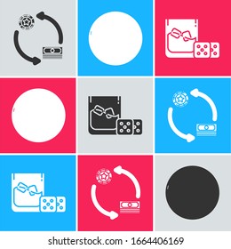 Set Casino chips exchange on stacks of dollars, Casino roulette wheel and Game dice and glass of whiskey with ice cubes icon. Vector