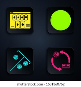 Set Casino chips exchange on stacks of dollars, Online poker table game, Stick for chips and Casino roulette wheel. Black square button. Vector