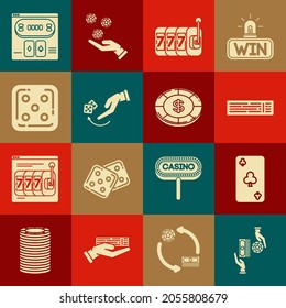 Set Casino chips exchange on stacks of dollars, Deck playing cards, Slot machine lucky sevens jackpot, Human hand throwing game dice, Game, Online poker table and  icon. Vector