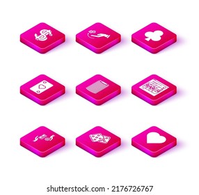 Set Casino chips exchange on stacks of dollars, Game dice, Playing card with heart symbol, Online slot machine, clubs and Human hand throwing game icon. Vector