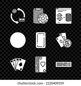 Set Casino chips exchange on stacks of dollars, Online casino, Playing cards, Deck playing, roulette wheel and back icon. Vector