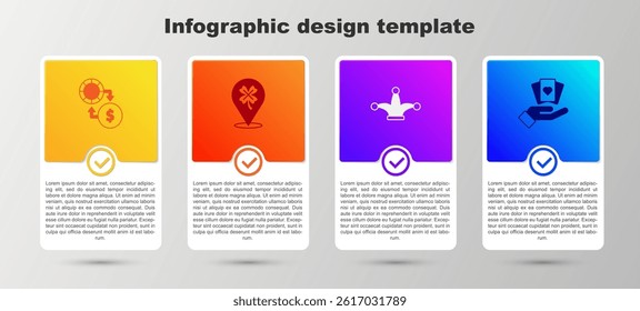 Set Casino chips exchange on money, slot machine with clover, Joker playing card and Hand holding cards. Business infographic template. Vector