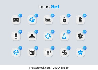 Set Casino chips exchange, signboard, win, with dollar, Stacks paper money cash and  icon. Vector