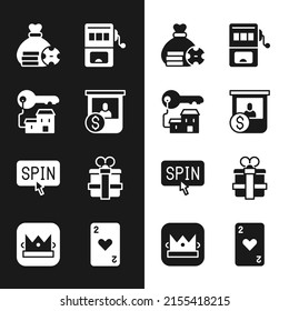 Set Casino chips exchange, Winning house with key, Money bag, Slot machine, spin button, Gift box, Playing card heart and King playing icon. Vector