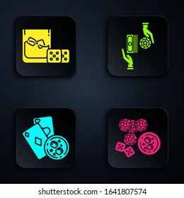 Set Casino chips, game dice and glass of whiskey with ice cubes, Playing cards and glass of whiskey with ice cubes and Casino chips exchange on stacks of dollars. Black square button. Vector
