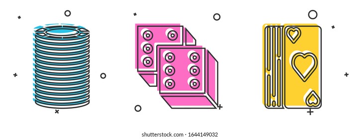Set Casino chips, Game dice and Deck of playing cards icon. Vector