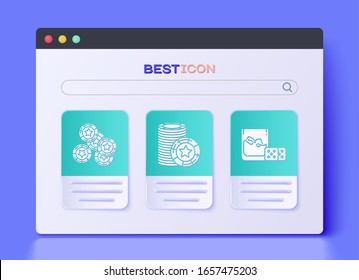 Set Casino chips, Casino chips and Game dice and glass of whiskey with ice cubes icon. Vector