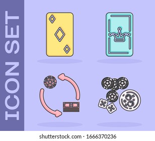 Set Casino chips, game dice and glass of whiskey with ice cubes, Playing card with diamonds symbol, Casino chips exchange on stacks of dollars and Joker playing card icon. Vector
