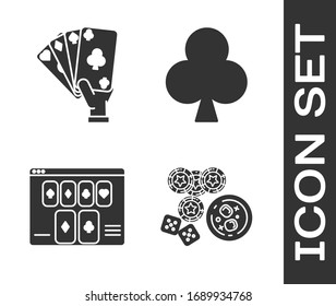 Set Casino chips, game dice and glass of whiskey with ice cubes, Hand holding playing cards, Online poker table game and Playing card with clubs symbol icon. Vector