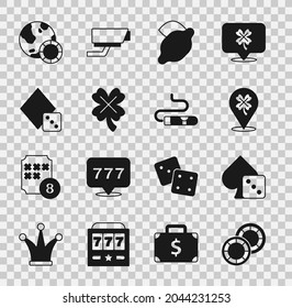 Set Casino chips, Game dice, slot machine with clover, lemon,  and Cigar icon. Vector