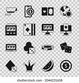 Set Casino chips, Game dice, Online poker table game, Deck of playing cards, Slot machine with jackpot, Security camera and slot icon. Vector