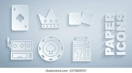 Set Casino chips, Game dice, Slot machine, Deck of playing cards, King and Playing with spades icon. Vector