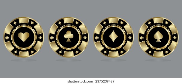 Set von Casino-Chips im goldenen Stil. Stylische Goldchips für Casinos. Vektorgrafik einzeln auf grauem Hintergrund. Casino-Konzept.