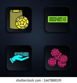 Set Casino chips, Casino chips, Hand holding deck of playing cards and Deck of playing cards. Black square button. Vector