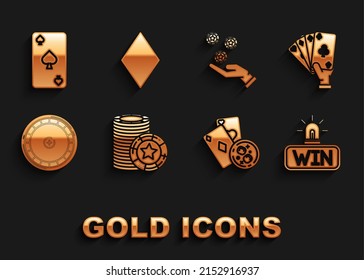 Set Casino chips, Hand holding playing cards, win, Playing glass of whiskey with ice cubes, roulette wheel, casino, spades symbol and diamonds icon. Vector