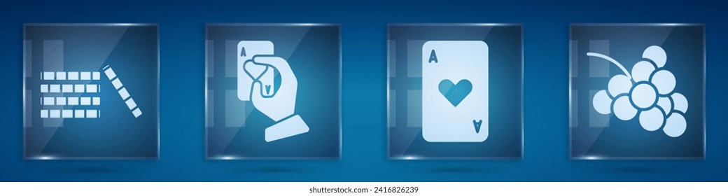 Set Casino chips, Hand holding playing cards, Playing card with heart and Casino slot machine with grape. Square glass panels. Vector