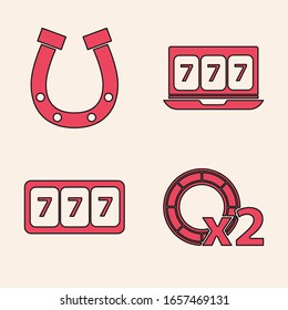 Set Casino chips, Horseshoe, Online slot machine with lucky sevens jackpot and Slot machine with lucky sevens jackpot icon. Vector