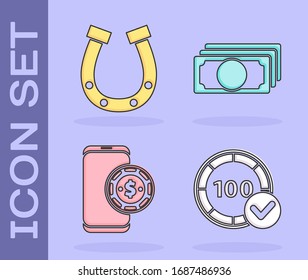 Set Casino chips, Horseshoe, Online poker table game and Stacks paper money cash icon. Vector