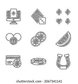 Set Casino chips, Horseshoe, slot machine with watermelon, Credit card, Lottery ball bingo, Deck of playing cards and Online poker table game icon. Vector