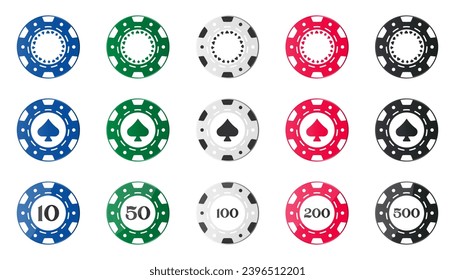 Set of casino chips icons in a flat design. Poker chips collection. Casino chips in different colors. Gambling casino chips