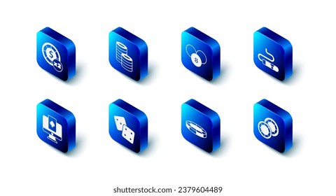 Set Casino chips, Lottery ball on bingo card, Cigar, Game dice, Online poker table game and  icon. Vector
