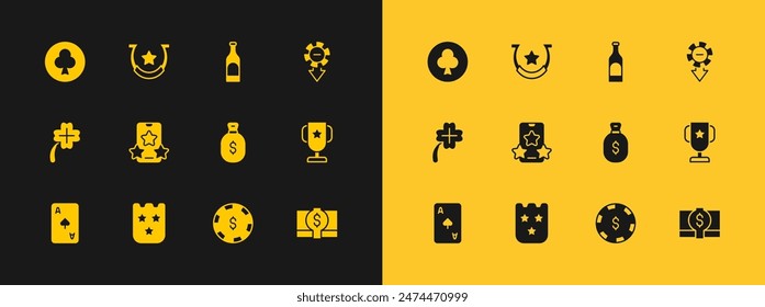 Set Casino chips, Lottery ticket, Money bag, with dollar, Online sports betting, Bottle of wine, Playing card clubs symbol and Horseshoe icon. Vector