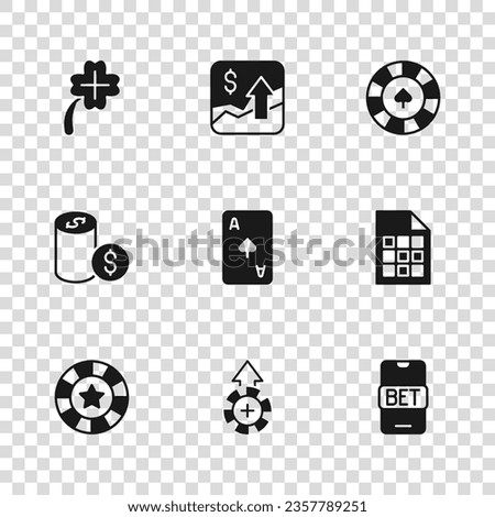 Set Casino chips, Lottery ticket, Online sports betting, Playing card with spades symbol, slot machine clover, Financial growth increase and dollar icon. Vector