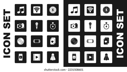 Set Casino chips, Microphone, Photo camera, Music note, tone, Stopwatch, Wi-Fi wireless internet network, Playing cards and Vinyl disk icon. Vector