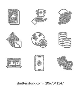 Set Casino chips, Online poker table game, Game dice, slot machine with jackpot, lemon and Playing card spades icon. Vector
