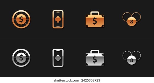 Juego de fichas de casino, juego de mesa de póquer en línea, Maletín y dinero y el icono de la tarjeta de bingo de la bola de la lotería. Vector