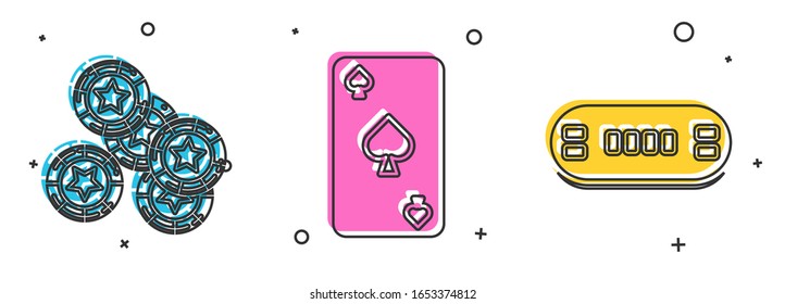 Set Casino chips, Playing card with spades symbol and Poker table icon. Vector