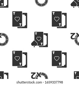 Set Casino chips, Playing card with heart and Playing card with heart on seamless pattern. Vector